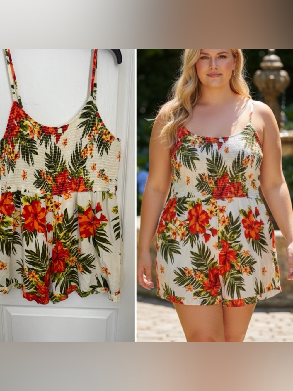 TROPICAL FLORAL ROMPER.
SIZE 2X. DEREK HEART. FRONT SMOCKED BODICE. SOFT KNIT.